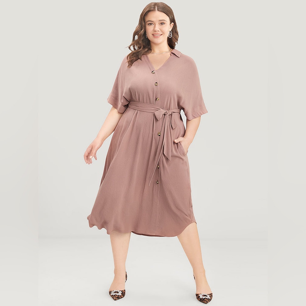 NWT Bloomchic Dolman Sleeve Button Detail Pocket Belted Flutter Dress, 22-24/3X